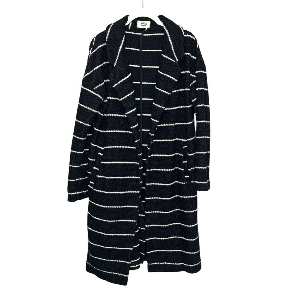 Marine Layer Sweater Coat Womens Medium Black White Striped Open Front Cardigan